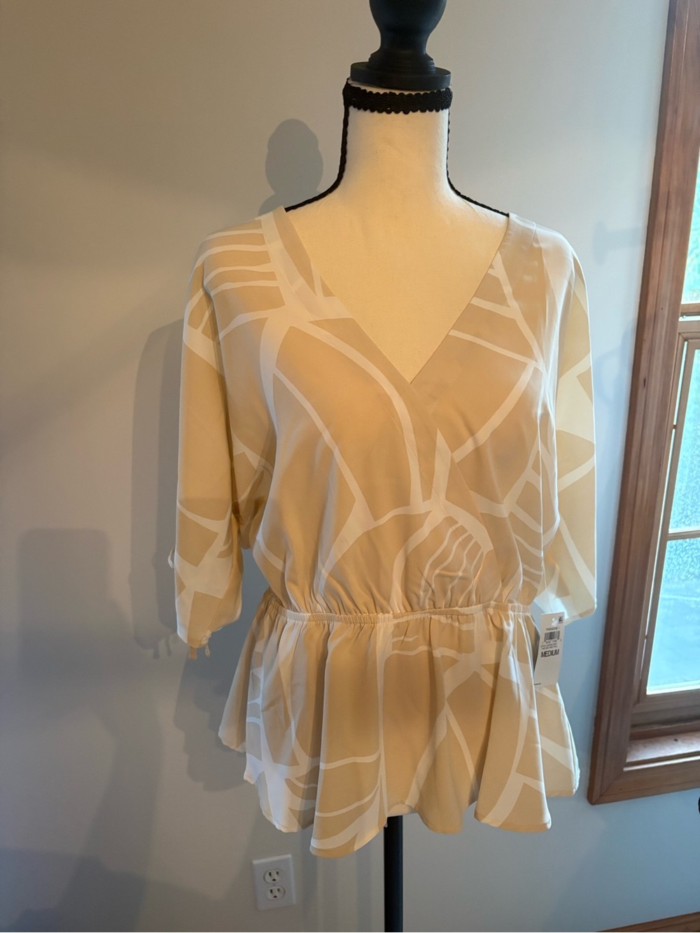 INC International Concepts Beige & White Abstract V-Neck Peplum Blouse